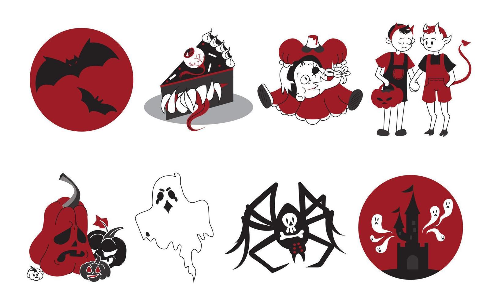 A set for Halloween, in which thenous castle, bats, a spider, a toothy cake, a buzzy doll with a severed head, angry and sad pumpkins. Vector stock illustration and ire is a man, a dev the moon,