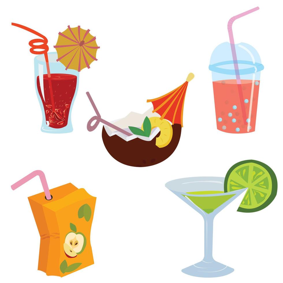 Set of summer cold drinks. Vector stock illustration isolated on white background.