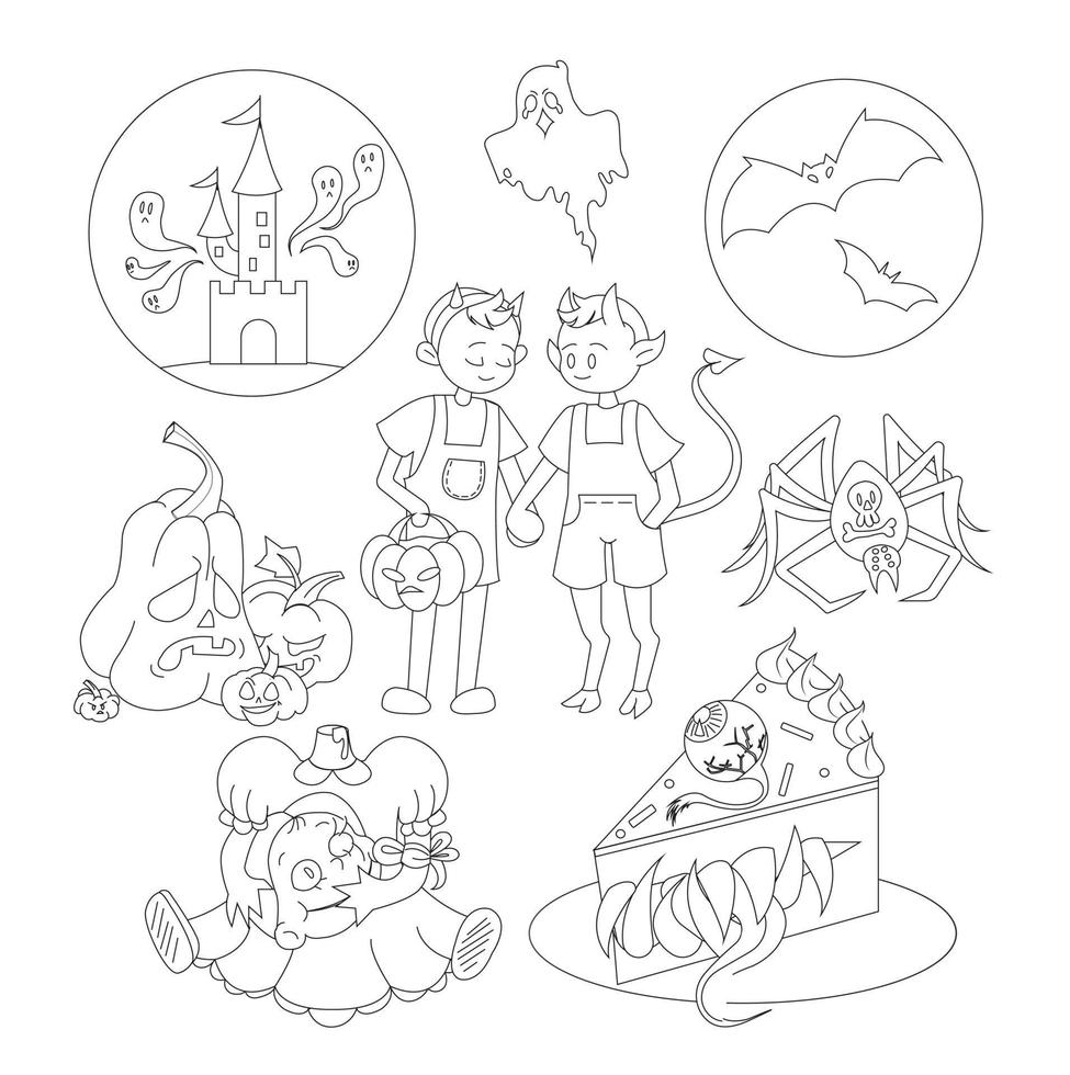 A set for Halloween, in which there is a man, a devil, a ghost, the moon, an ominous castle, bats, a spider, a toothy cake, a buzzy doll with a severed head, angry and sad pumpkins. Doodle style. vector