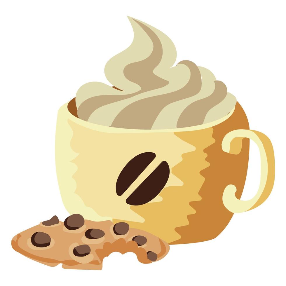 una taza de café con crema y una galleta de chispas de chocolate mordisqueada. ilustración de stock vectorial aislada en un fondo blanco. vector