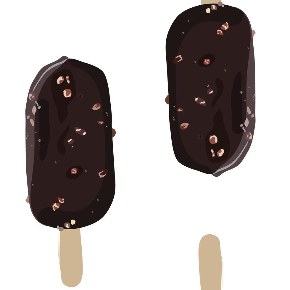 Chocolate glazed ice cream, sprinkled with nuts, on a stick. Seamless pattern on a white background. Vector stock illustration.