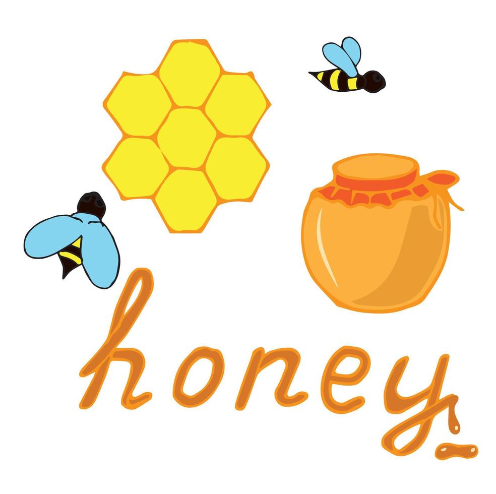 Kit for the international day of the bees. Lettering honey, honeycomb, jar, honey pot, bees, a drop flowing from the letter and a puddle under it. vector