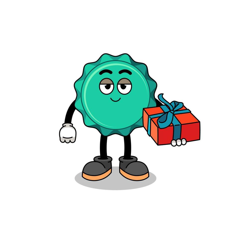 bottle cap mascot illustration giving a gift vector