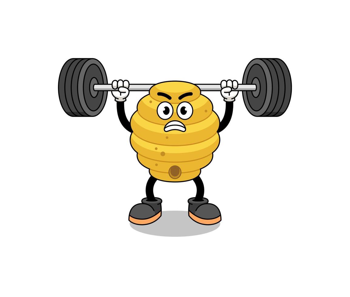 bee hive mascot cartoon lifting a barbell vector