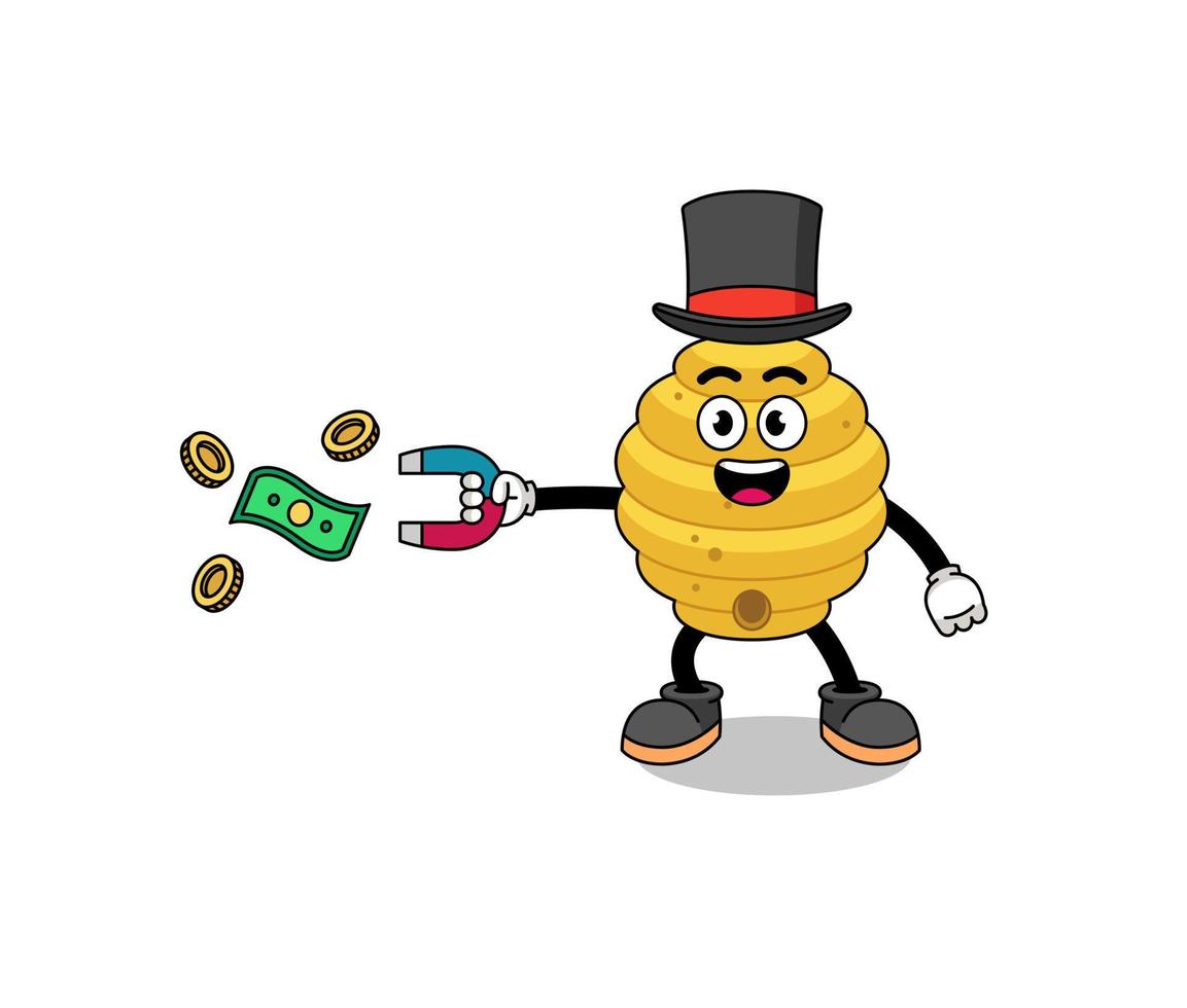 ilustración de personaje de colmena de abejas atrapando dinero con un imán vector