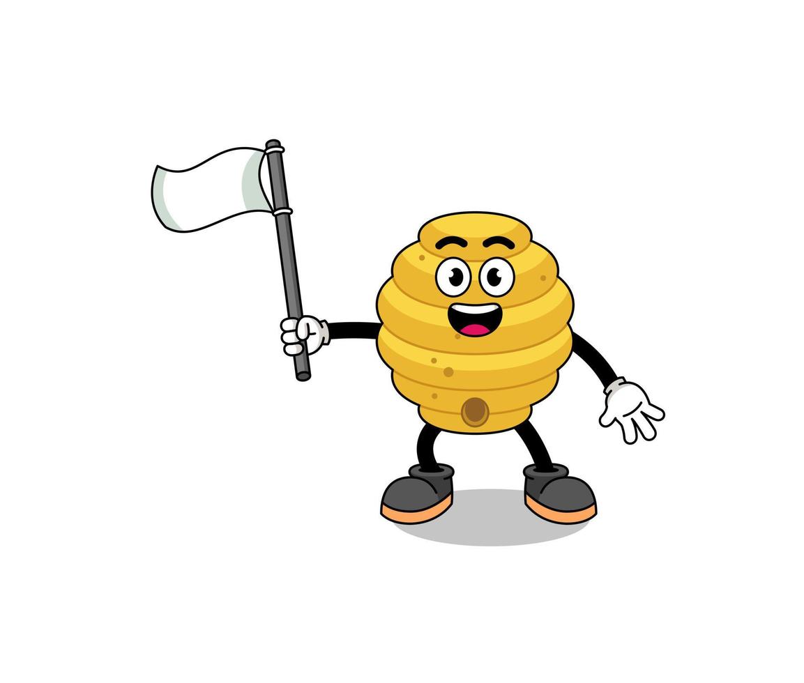 Cartoon Illustration of bee hive holding a white flag vector