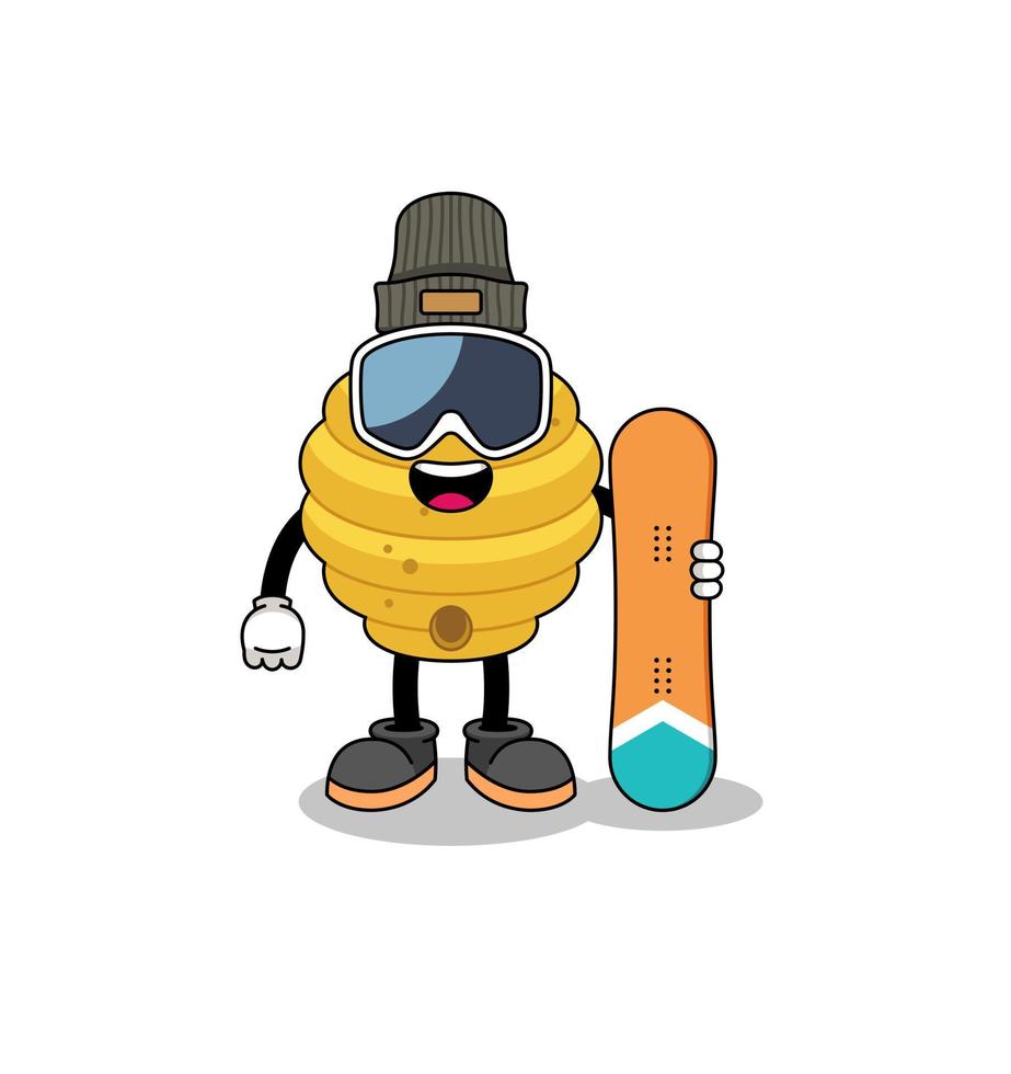 Mascot cartoon of bee hive snowboard player vector