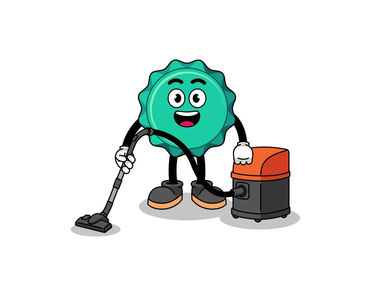 Character mascot of bottle cap holding vacuum cleaner vector