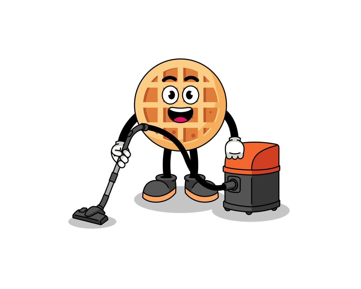 Character mascot of circle waffle holding vacuum cleaner vector