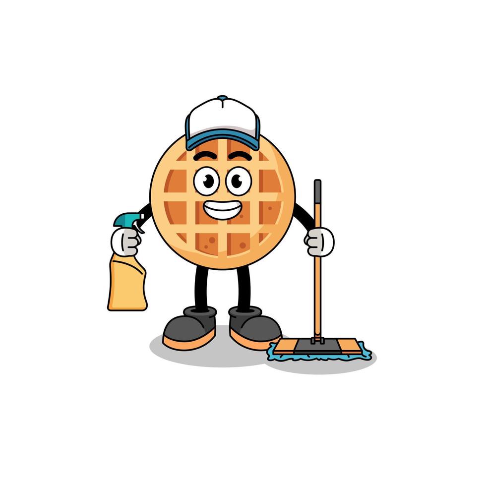 mascota de personaje de waffle circular como servicio de limpieza vector