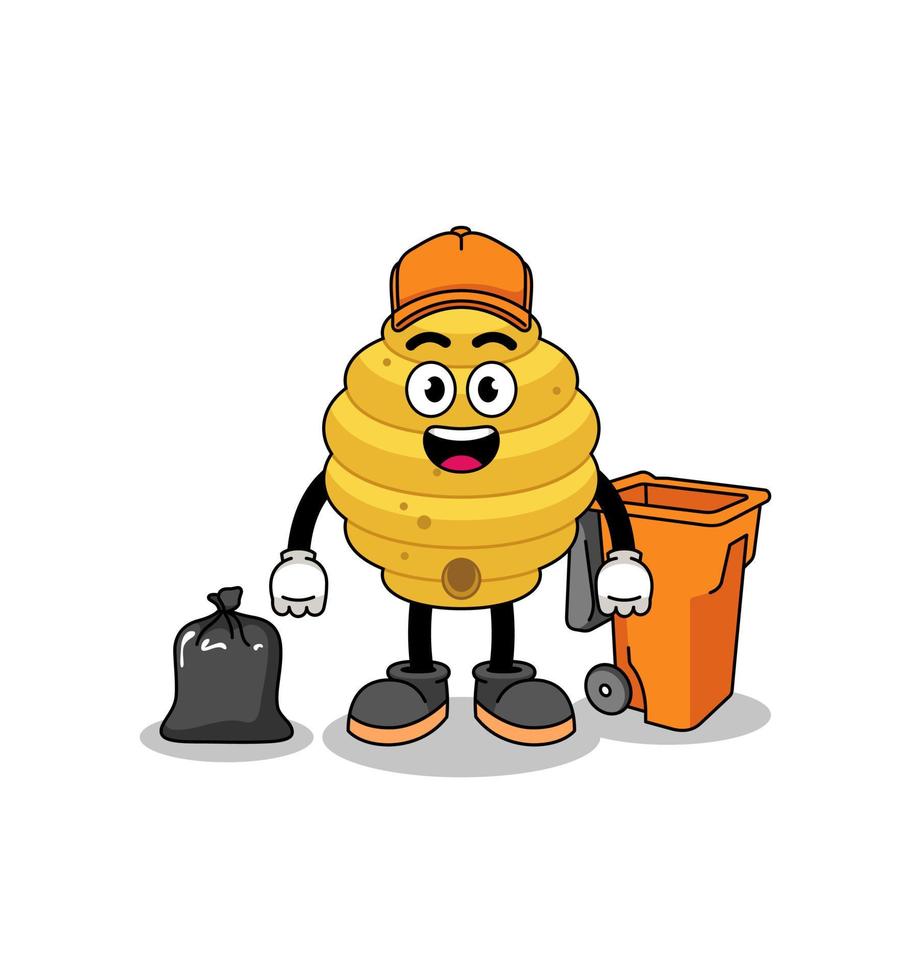 Illustration of bee hive cartoon as a garbage collector vector