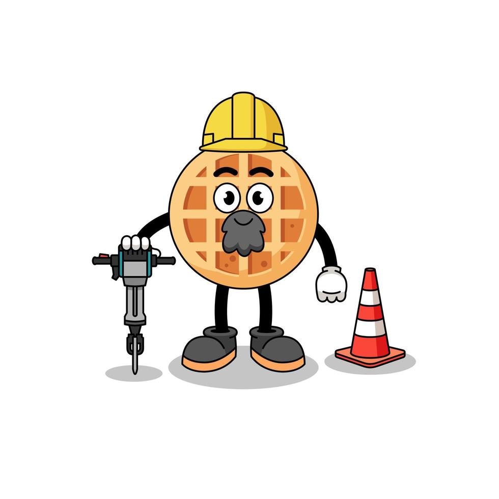 Character cartoon of circle waffle working on road construction vector