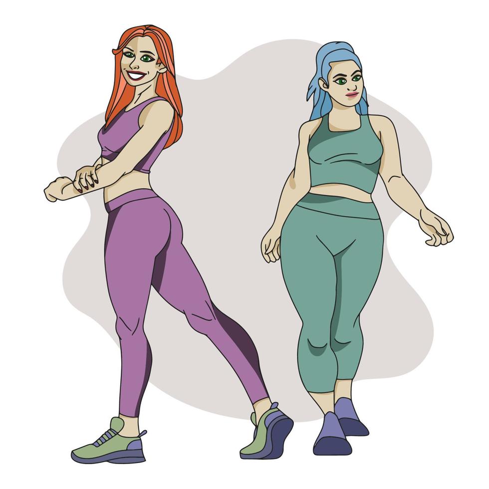 Sports girls in fitness suits, thin and full figure vector