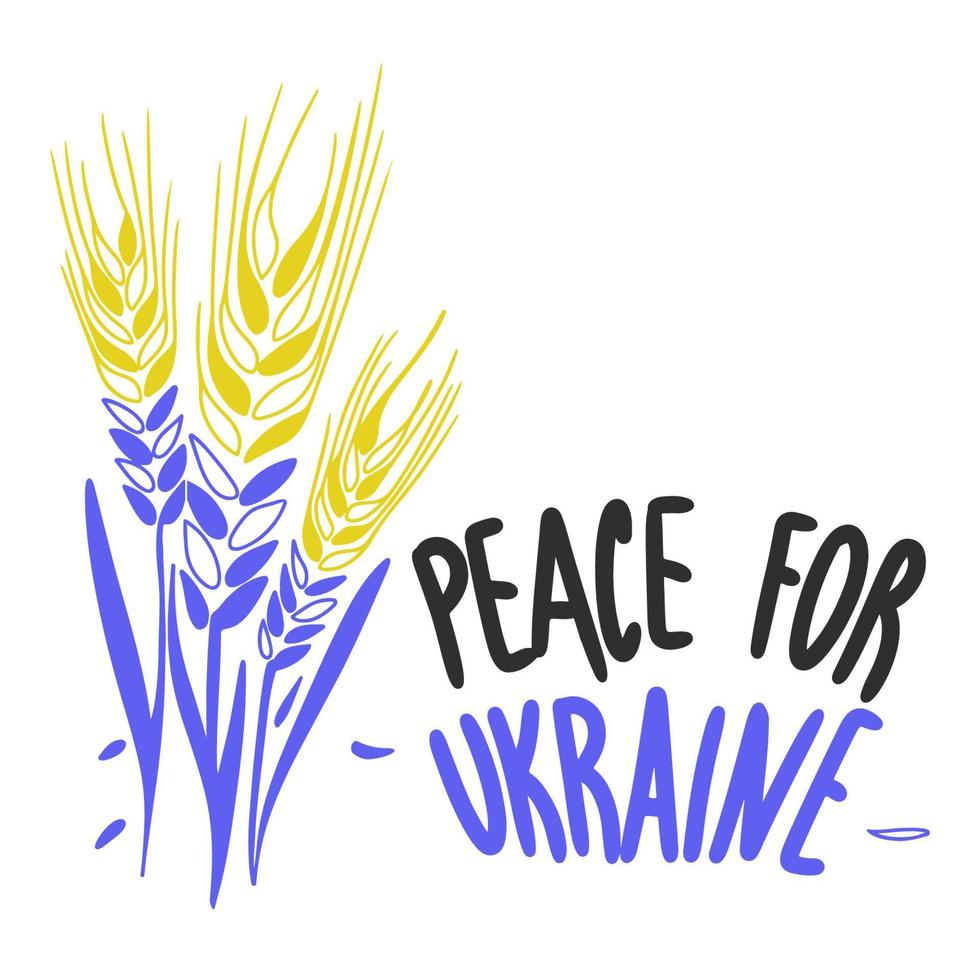 Peace for Ukraine, patriotic symbols, three spikelets in the colors of the flag of Ukraine, doodle drawing vector