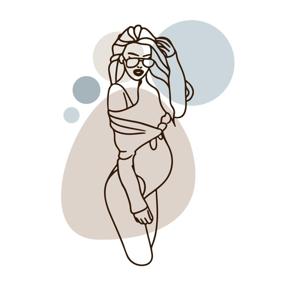 Pregnant girl in glasses, in a swimsuit, round and big belly, doodle vector