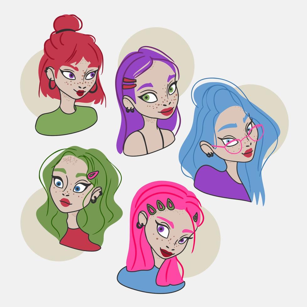 conjunto de lindos avatares de dibujos animados, chicas, grupo de personas, cabello colorido, pecas faciales vector