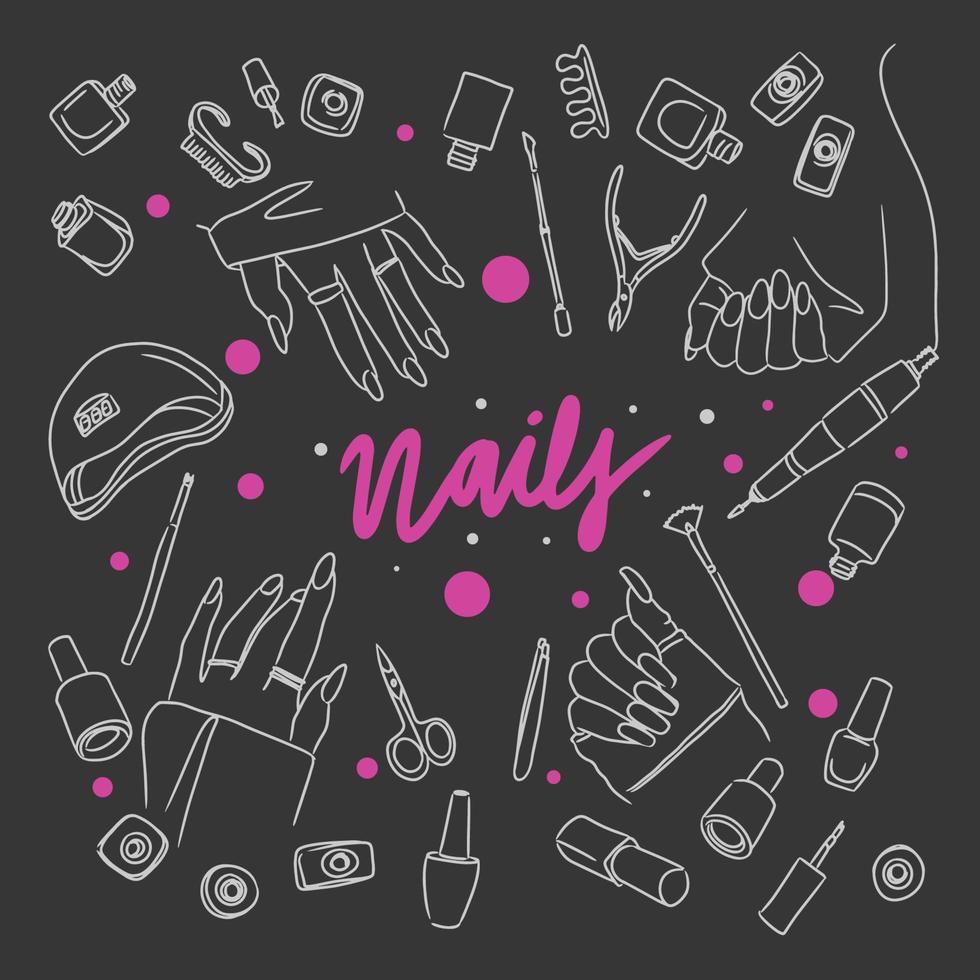 Set of long nails with manicure and pedicure tools, accessories, doodle, dark background vector