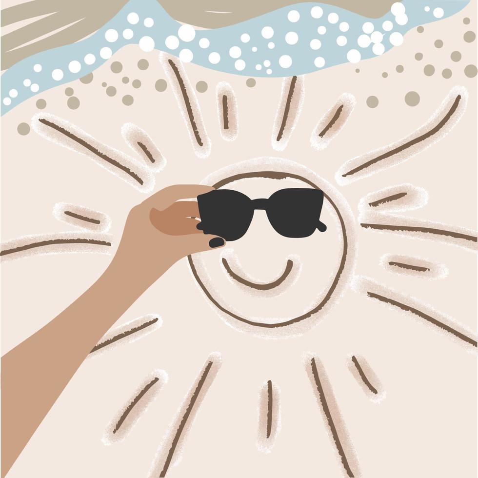 Summer vector illustration, beach, sea, drawn sun on sand, emoticon, doodle