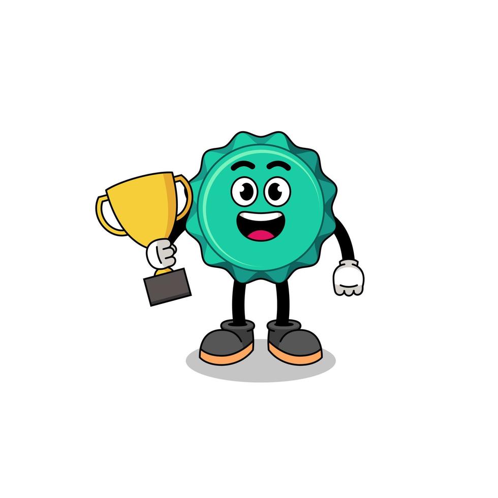 Cartoon mascot of bottle cap holding a trophy vector