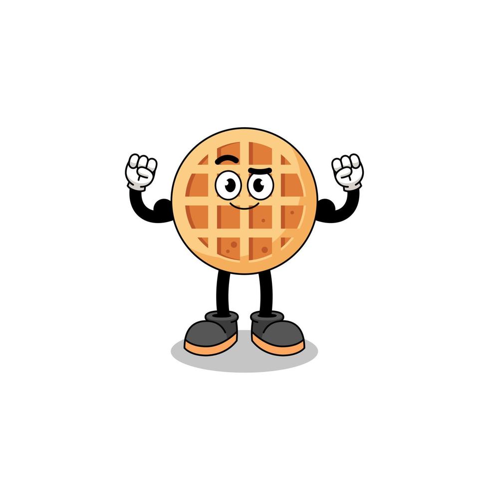 caricatura de mascota de waffle circular posando con músculo vector