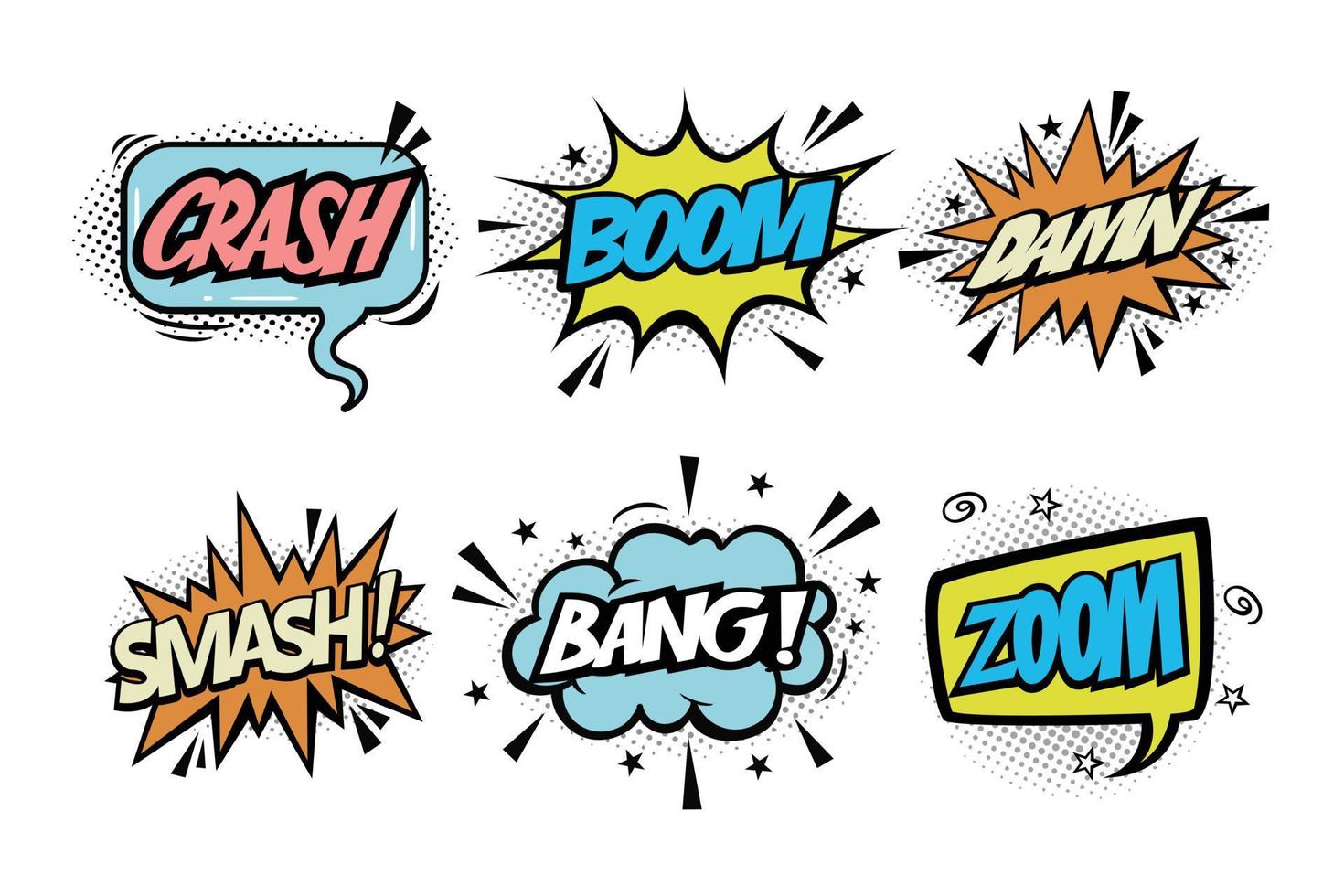 A set of comic bubbles and elements with halftone shadows vector