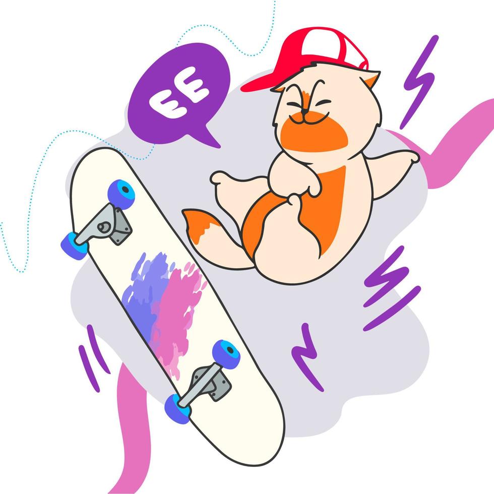 lindo gato de jengibre de dibujos animados con una gorra roja monta un longboard, se divierte, anda en patineta, verano vector