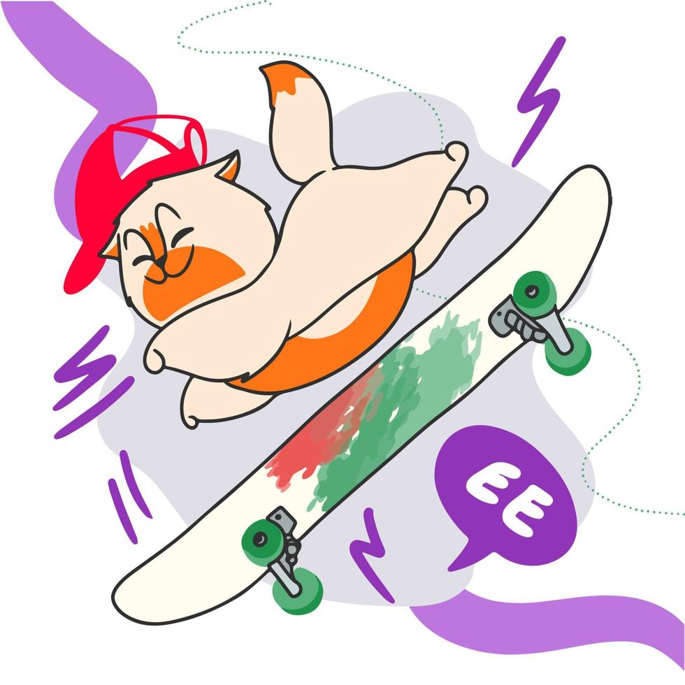 lindo gato de jengibre de dibujos animados con una gorra roja monta un longboard, se divierte, anda en patineta, verano vector