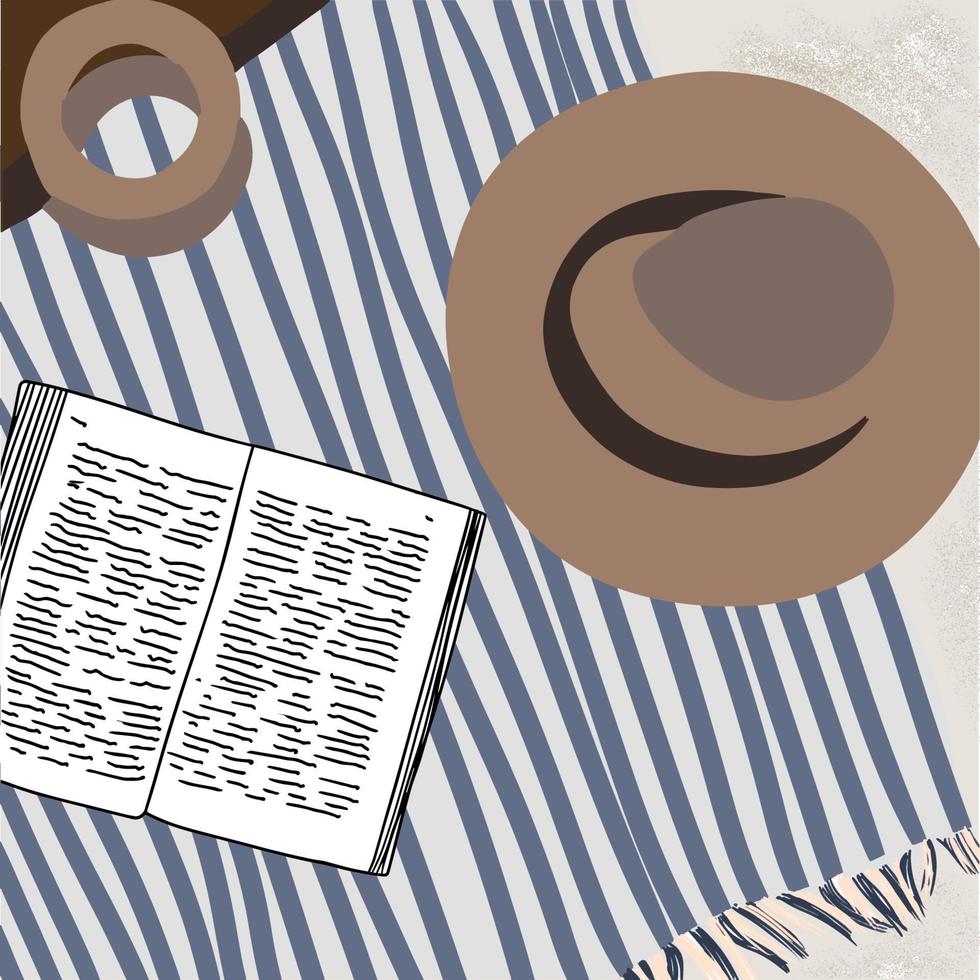 Summer vector illustration, beach, sea, a blanket with an open book