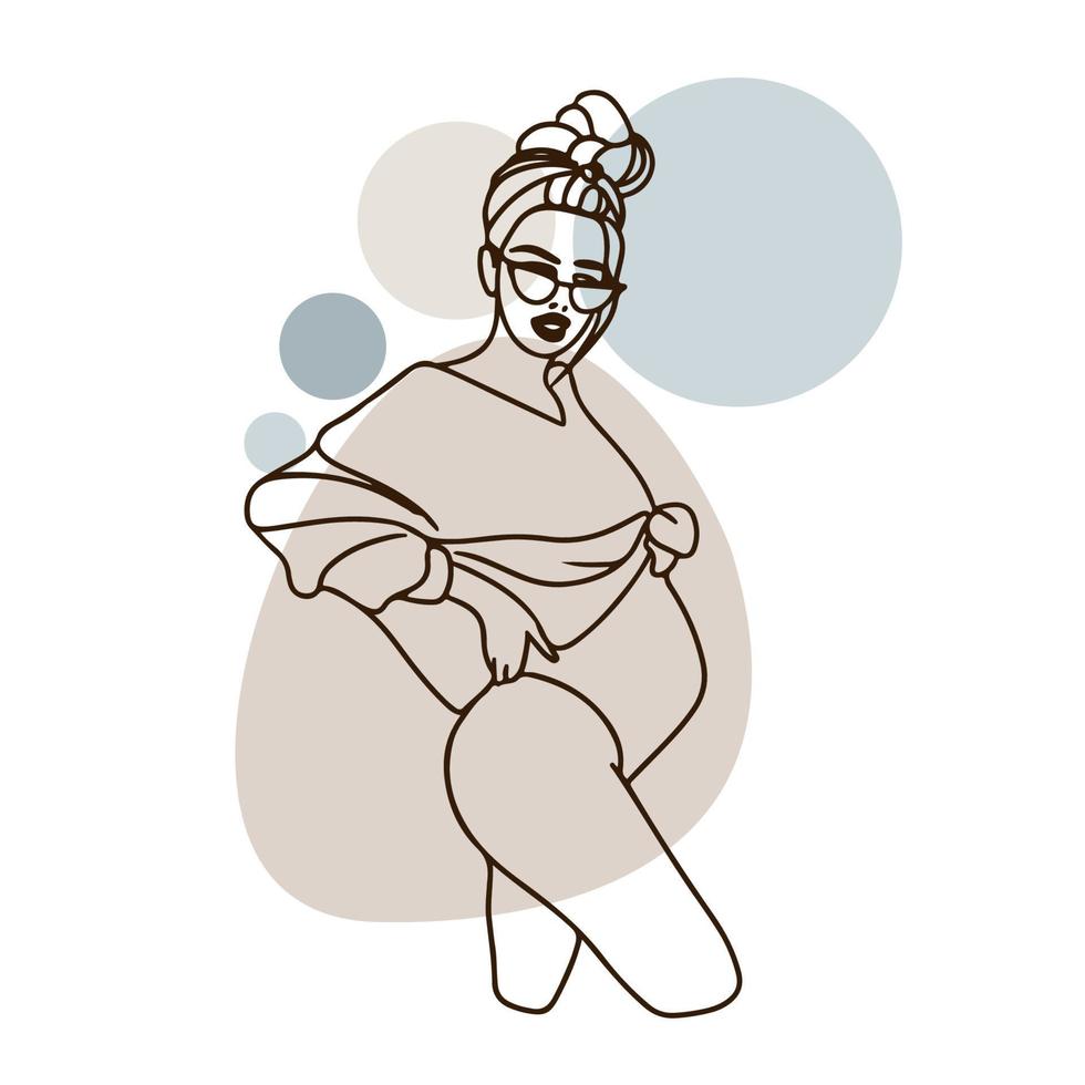 Pregnant girl in glasses, in a swimsuit, round and big belly, doodle vector