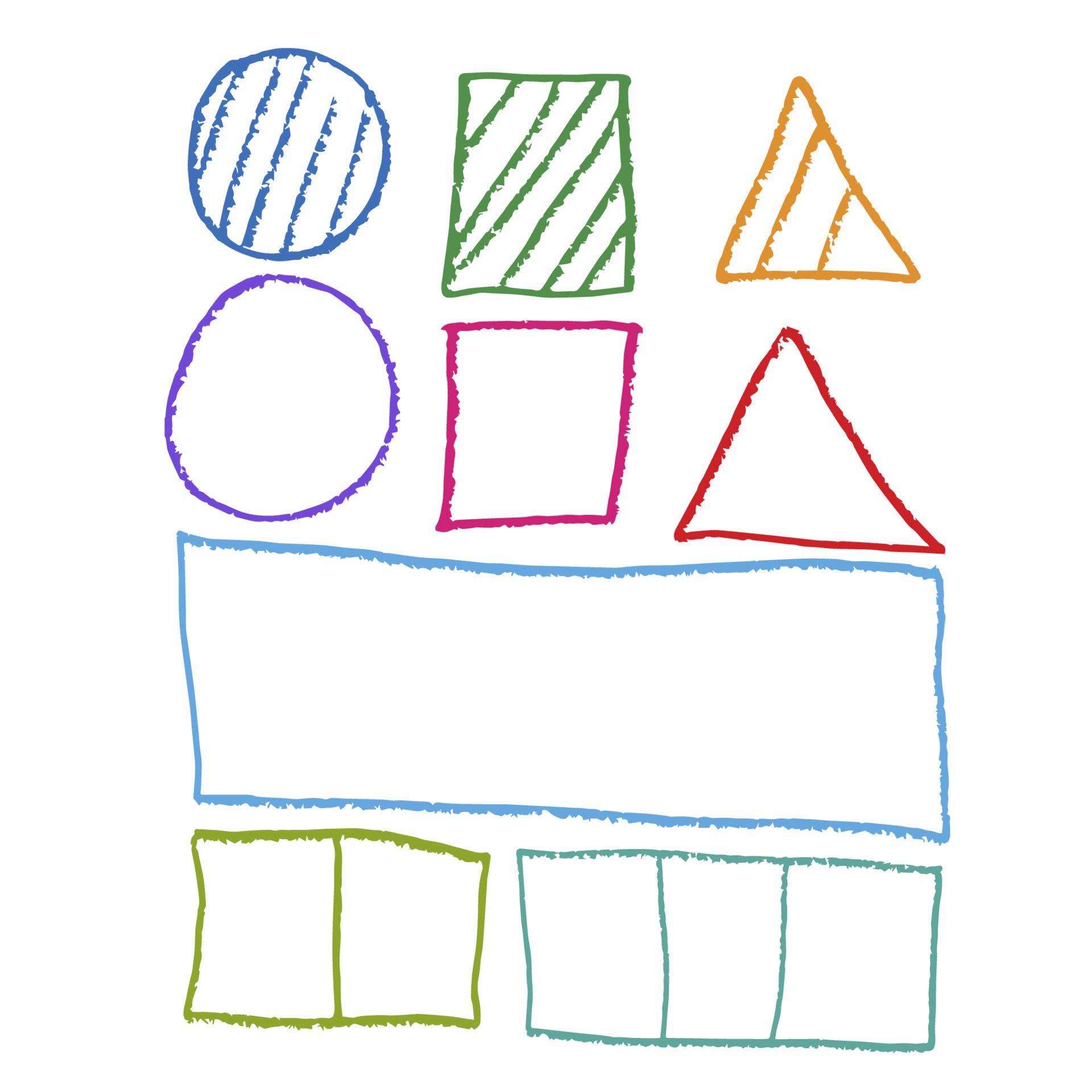 Signs and symbols, triangle, circle, square, rectangle, drawn in pencil