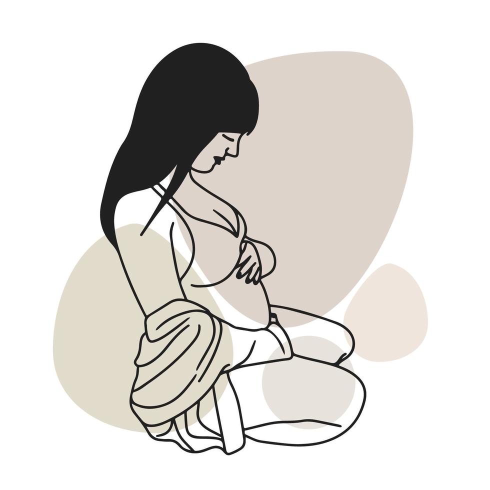 chica embarazada con color de pelo negro, en un cárdigan, en una pose sentada, garabato vector