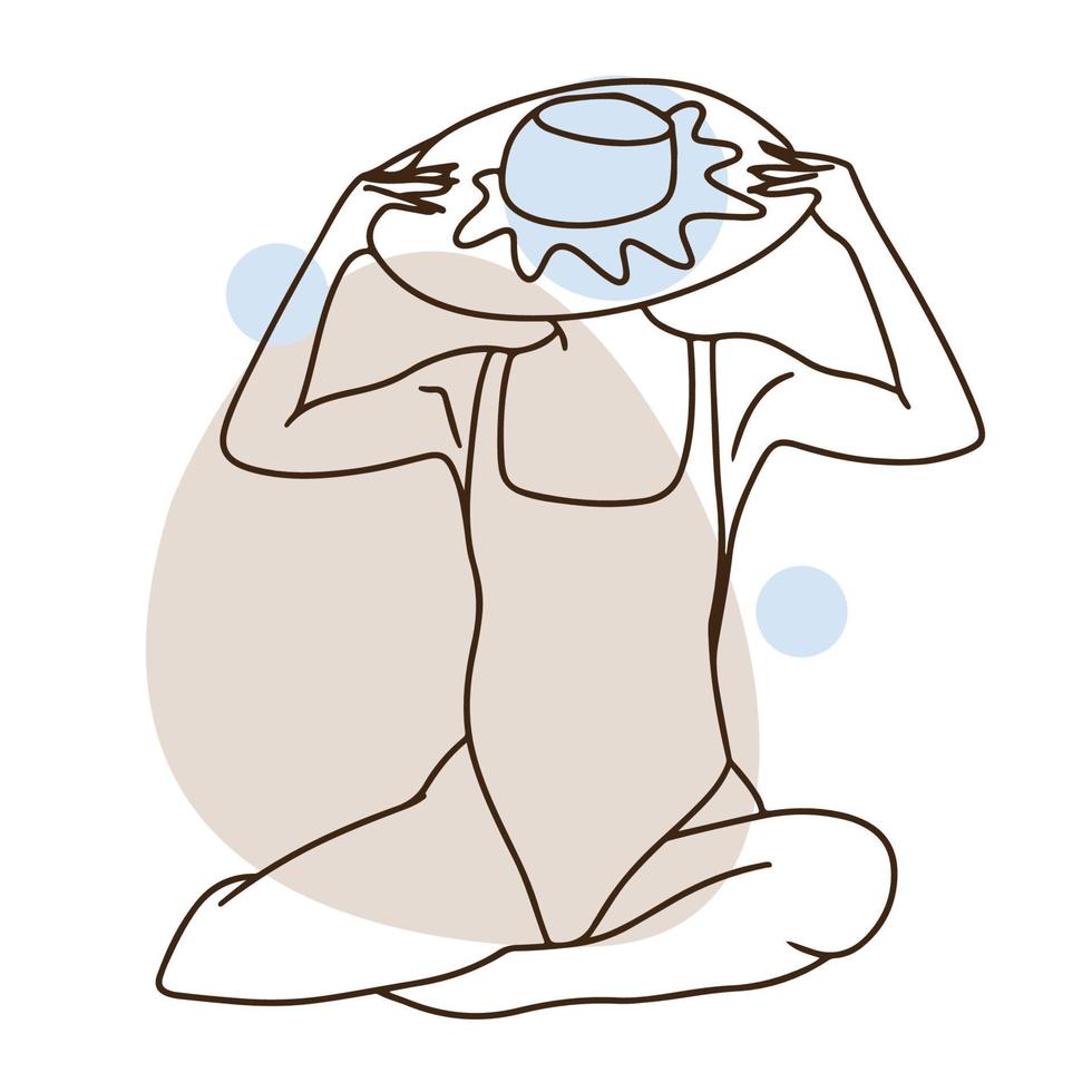 Pregnant girl in a swimsuit, with a hat, round and big belly, pregnancy, beach season, doodle vector