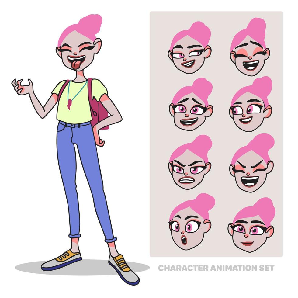 Character animation set, teenage girl, full length, with a backpack, creating people with emotions, face animation vector