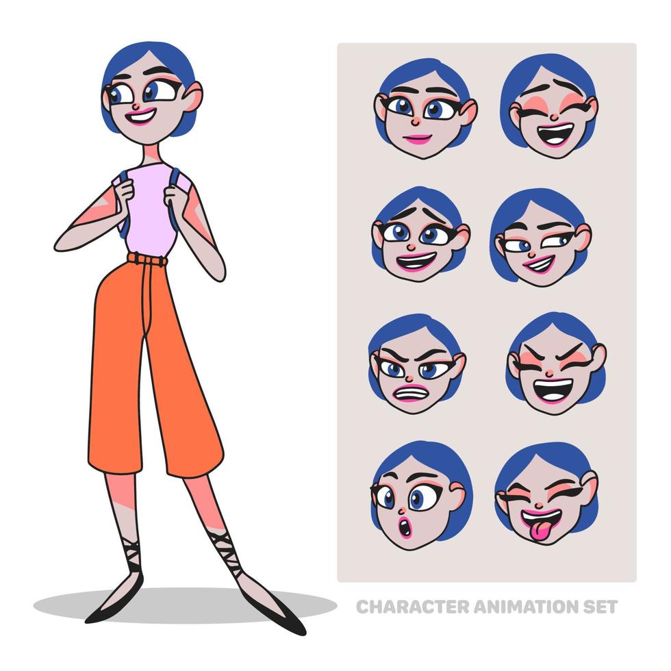 Character animation set, young woman, full length, with a backpack, creating people with emotions, face animation, doodle vector