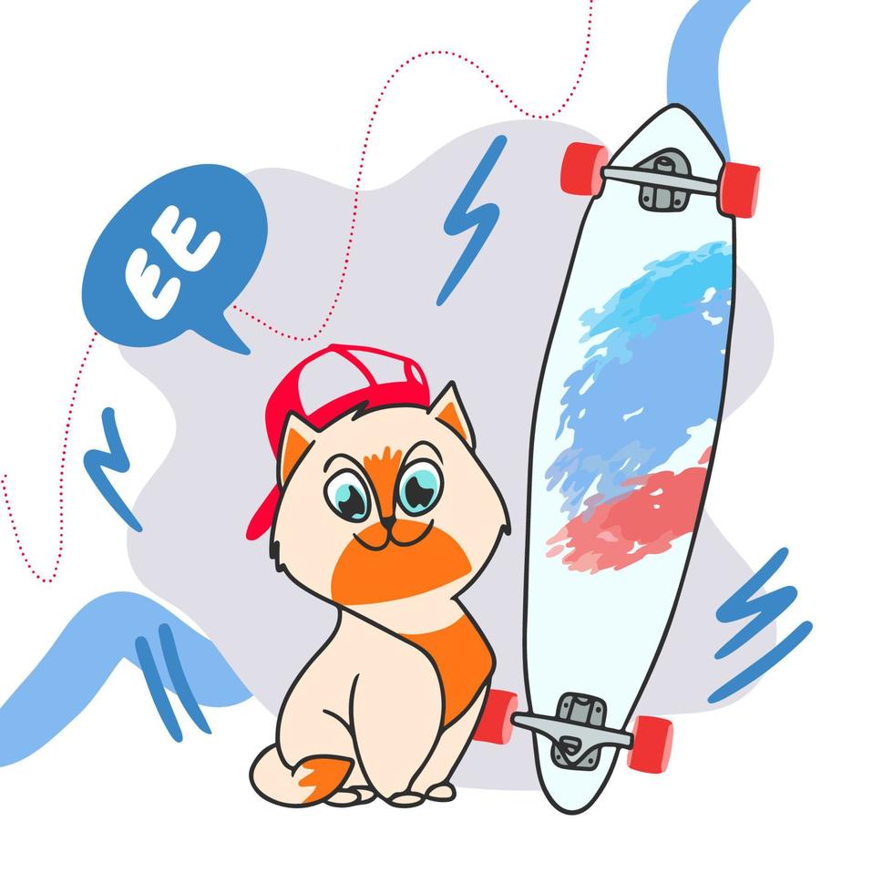 lindo gato de jengibre de dibujos animados con una gorra roja monta un longboard, se divierte, anda en patineta, verano vector