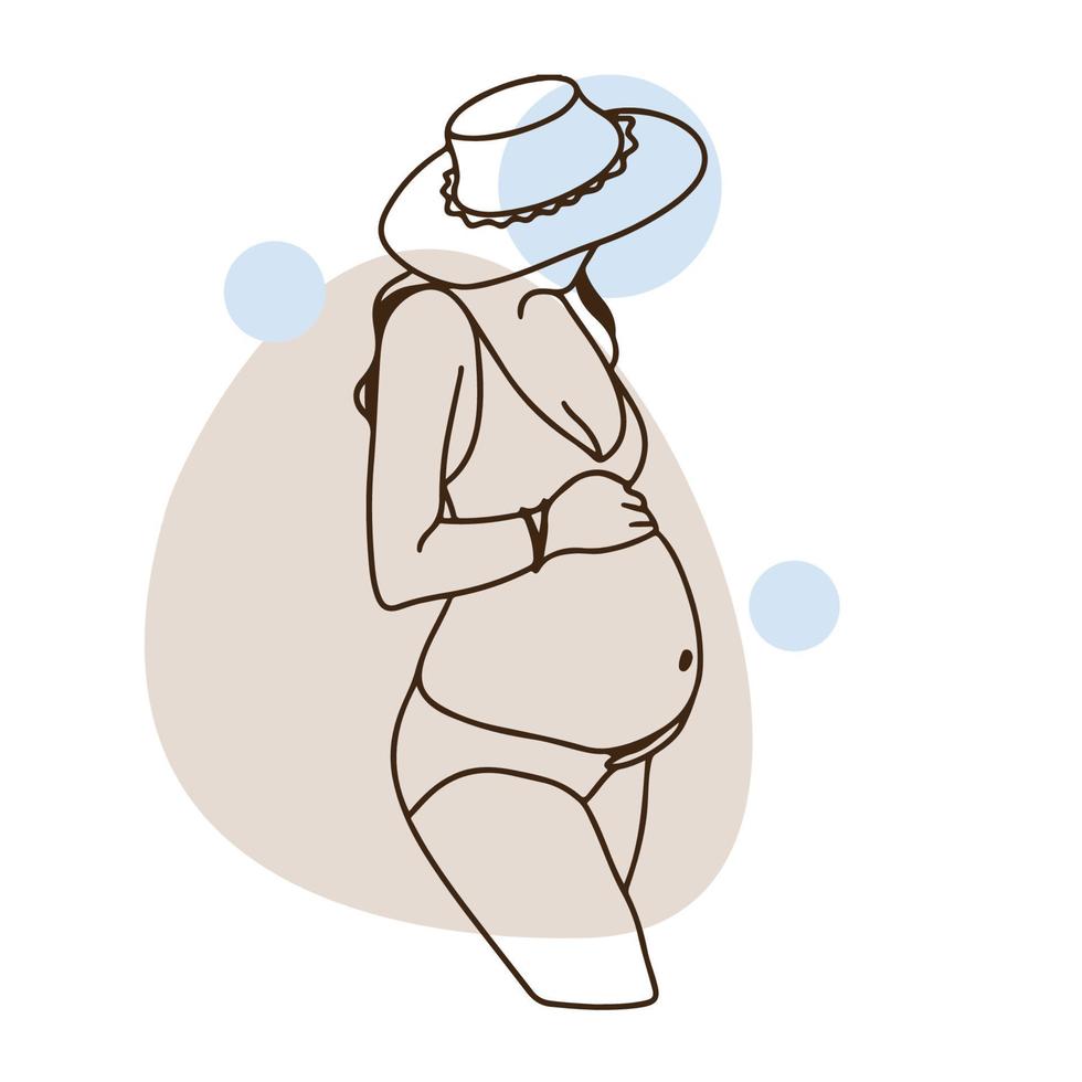 Pregnant girl in a swimsuit, with a hat, round and big belly, pregnancy, beach season, doodle vector