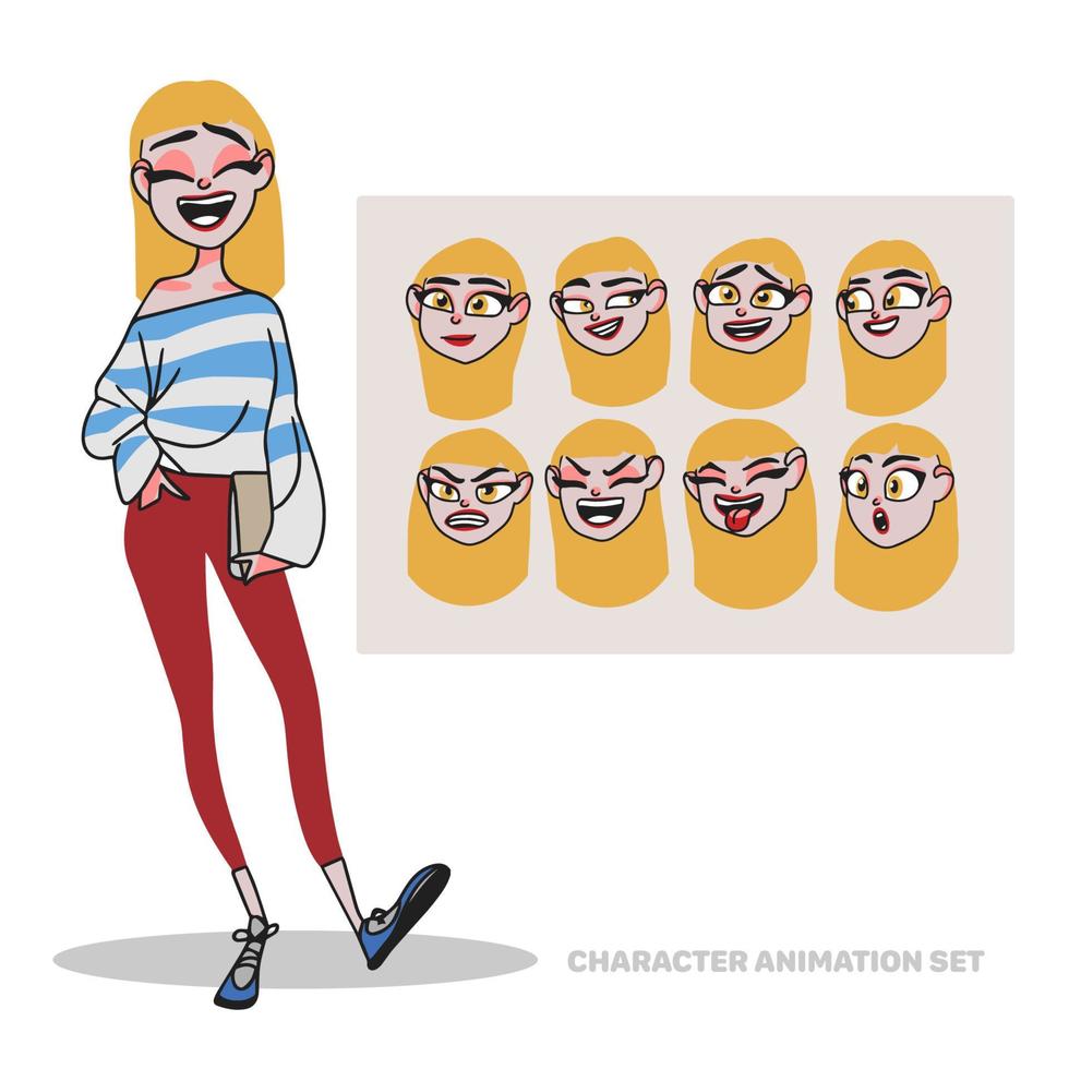 Character animation set, female student, full length, holding a folder, creating people with emotions, doodle vector