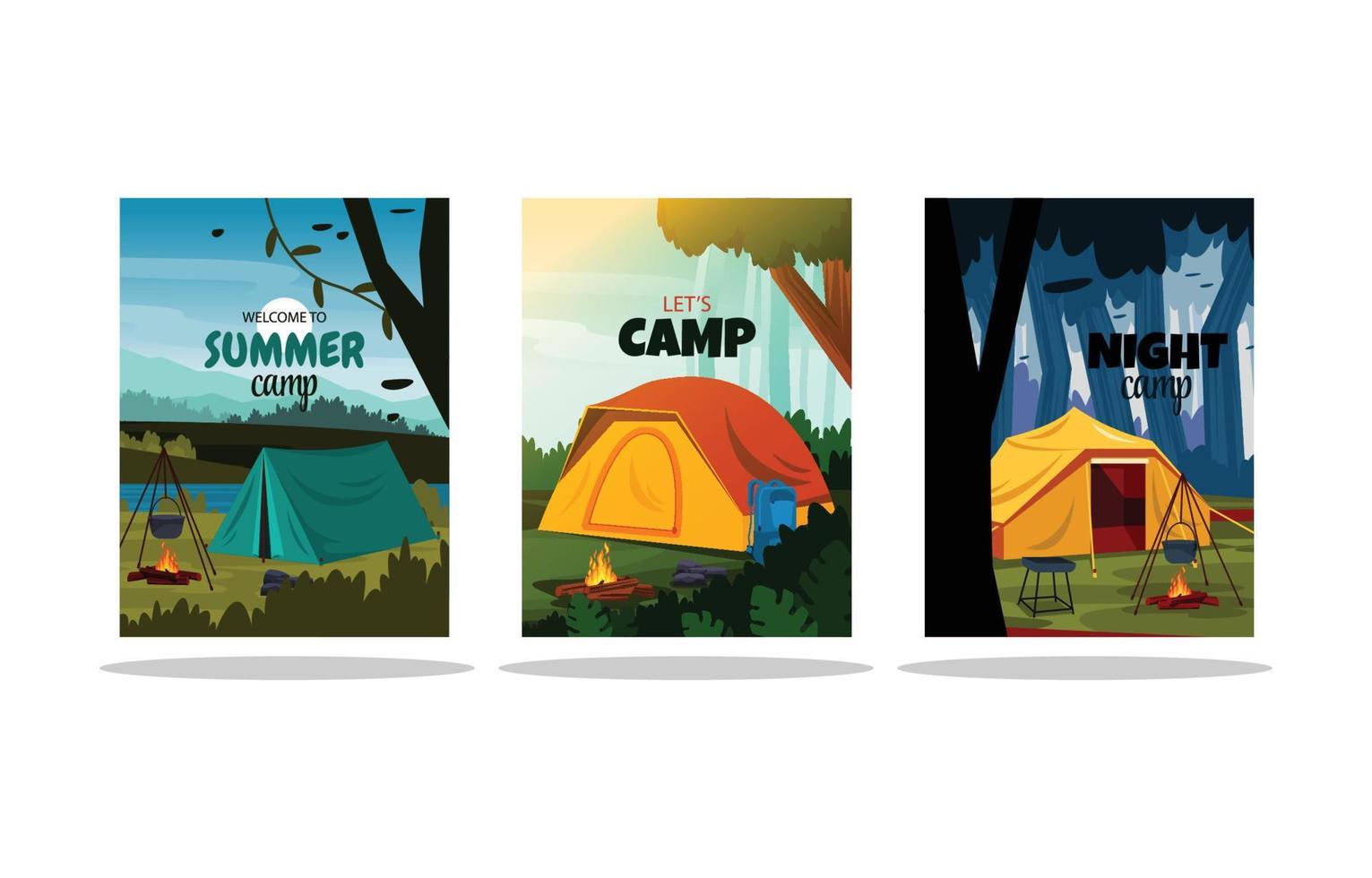 Summer Time Camping Tent Nature Landscape Card Template vector