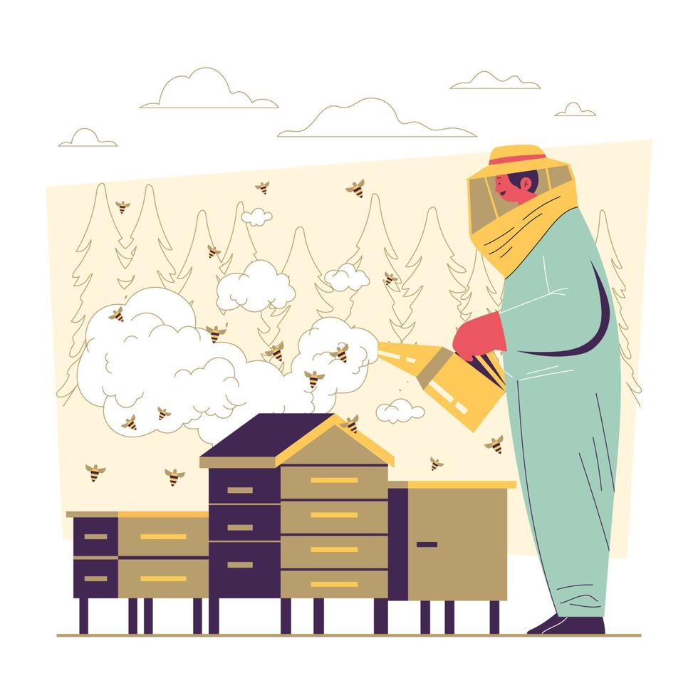 Bee Keeper Smoking Honey Bees vector