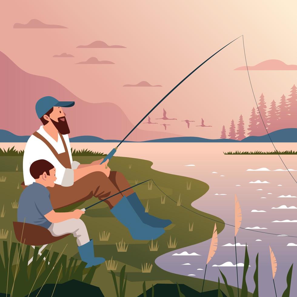 Father and Son Fishing Together vector