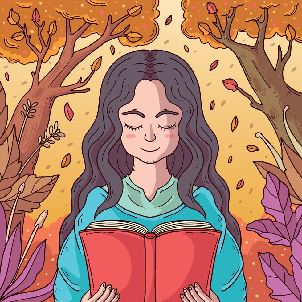 niña leyendo un libro en hojas caídas de otoño vector