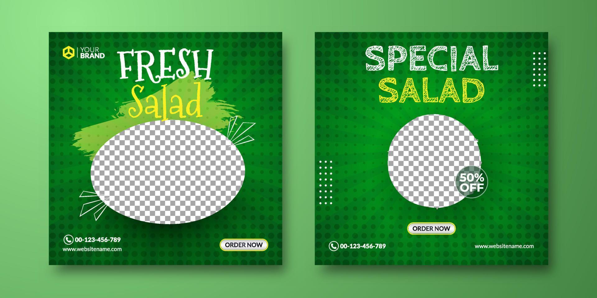 Healthy food Instagram posts template. Fresh salad social media background. Green background for banner advertising vector