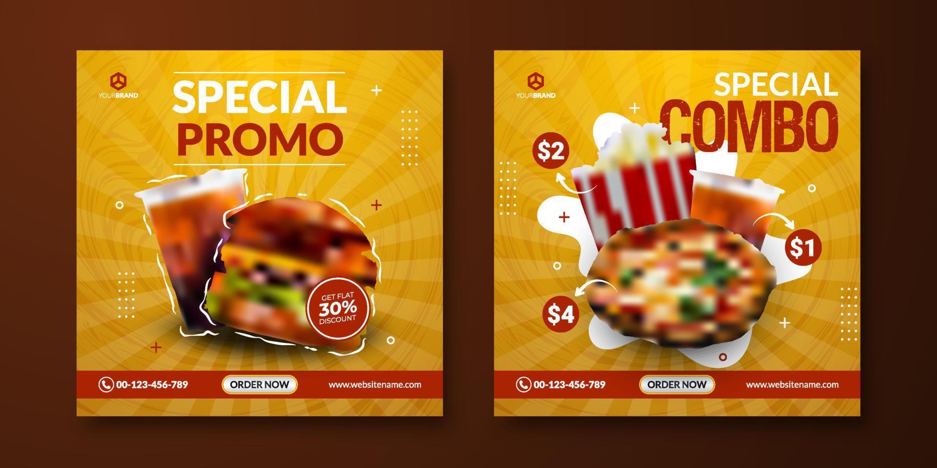 plantilla de publicaciones de instagram de comidas combinadas. antecedentes de comida en las redes sociales. fondo amarillo para publicidad en banner vector