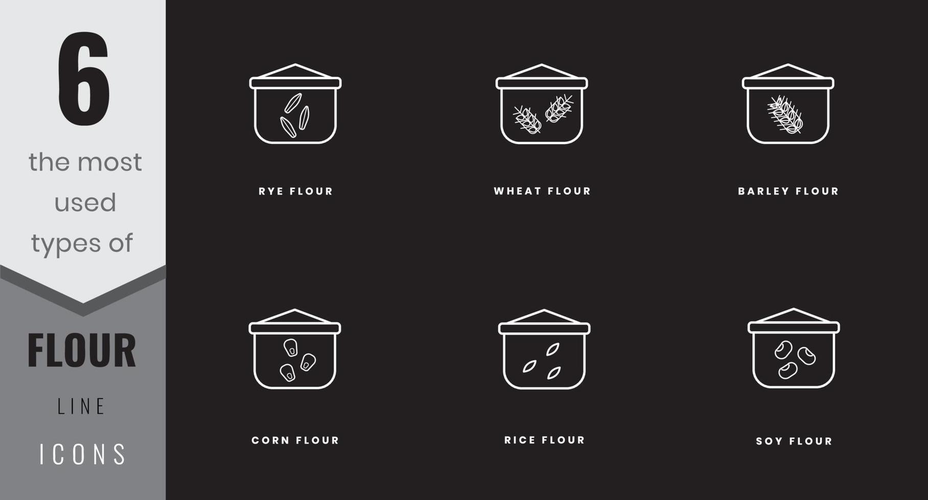 The most used types of flour line icons. Rye, wheat, barley, soy, rice and cor. In lineart, outline, solid, colored styles. For website design, mobile app, software vector