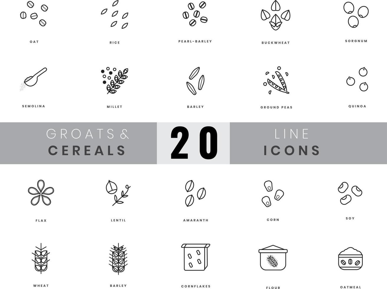 iconos de granos y cereales. en lineart, estilo de esquema. para diseño de sitio web, aplicación móvil, software vector