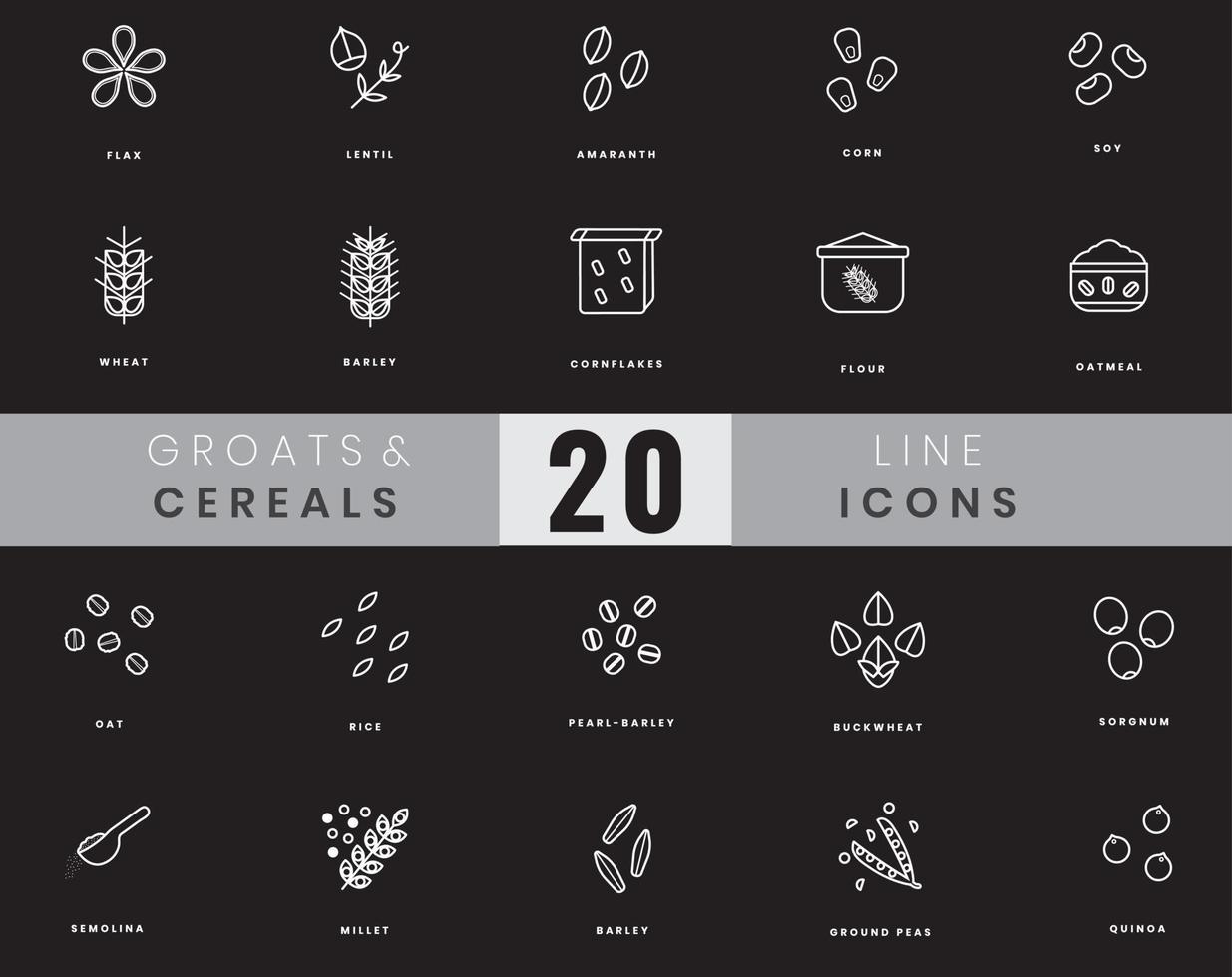 Grains and cereals icons. In lineart, outline style. For wesite design, mobile app, software vector