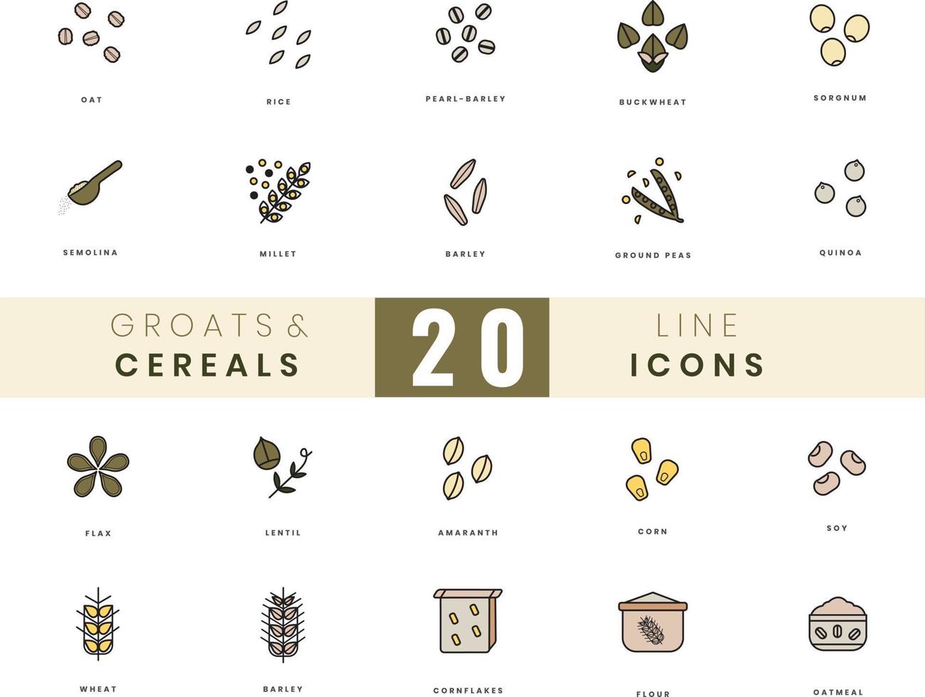 Grains and cereals icons. In colored outline style. For wesite design, mobile app, software vector