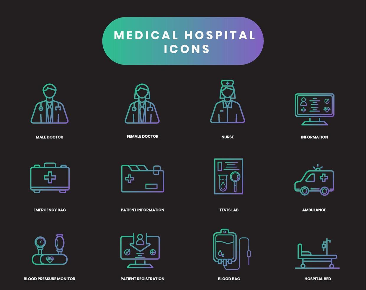 iconos médicos de gradiente vectorial. atención al paciente y al médico. enfermera primera ayuda médica de salud. iconos para web, aplicaciones y software vector