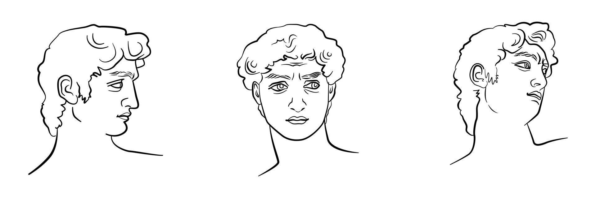 cabeza de david en tres posiciones, retrato tríptico. vista de perfil, cara completa y lateral. un concepto de belleza masculina perfecta. vector