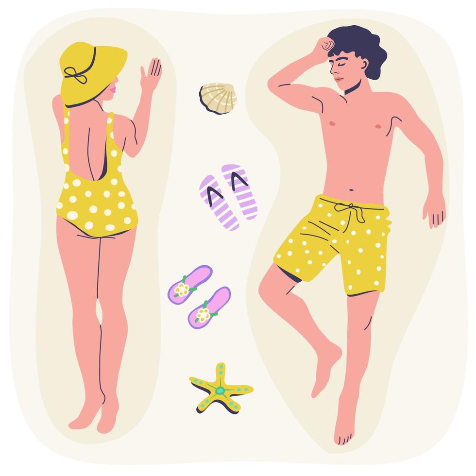 Man and woman lying on a beach, getting suntan. Couple in yellow swimwear, full- length, top view. A concept of summer romantic vacation vector